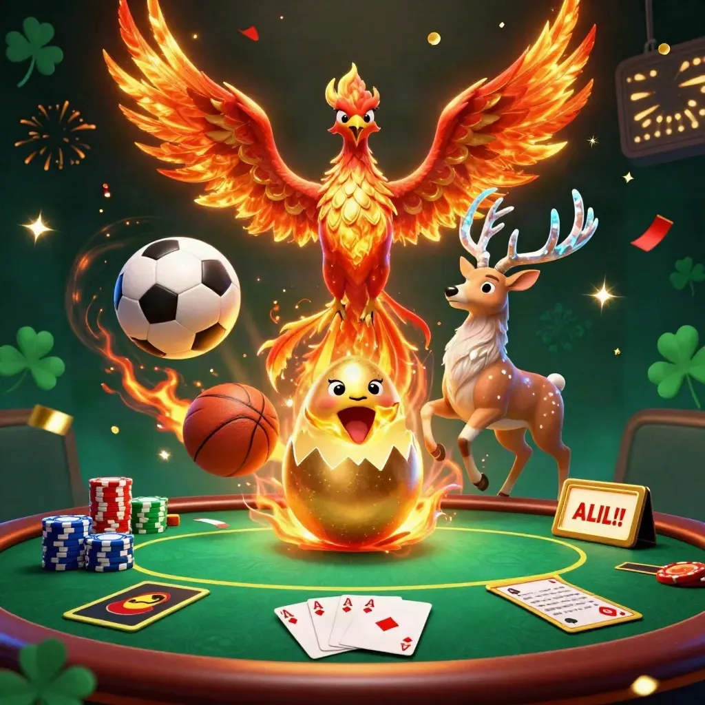 Phoenix, baby phoenix, and stag amid casino props, chips, balls, confetti, and glowing lights.