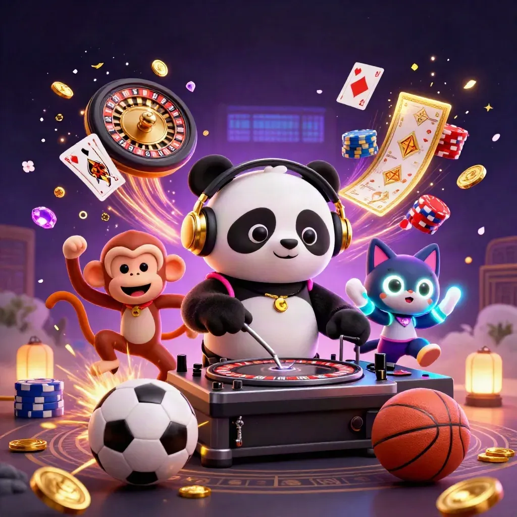 Panda DJ, dancing monkey and glow-stick kitten amid flying coins, chips, sports balls and neon casino magic