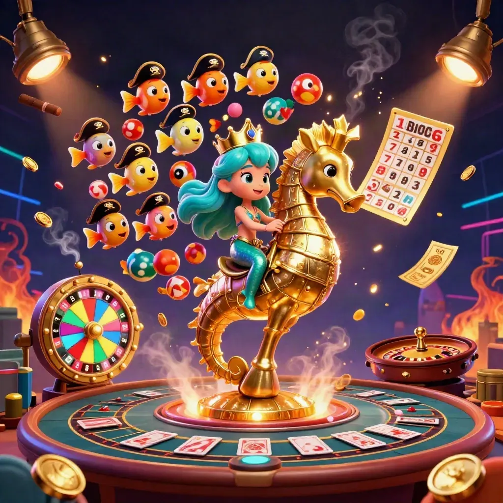 Mermaid princess on a gold seahorse amid casino lights, balls, wheel, tickets, and pirate fish.