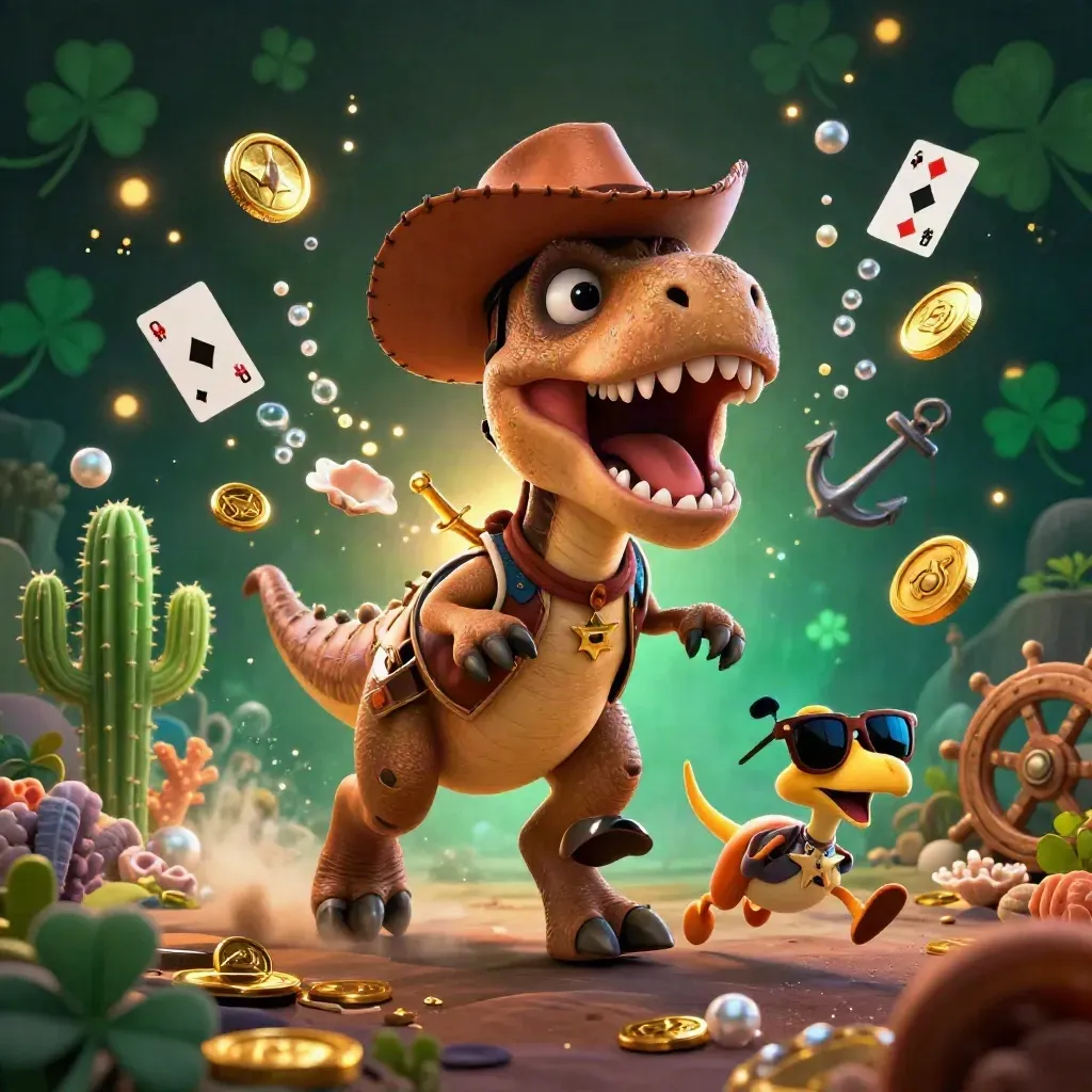Cowboy T-Rex, cactus sidekick, and sheriff roadrunner in a glowing treasure cove