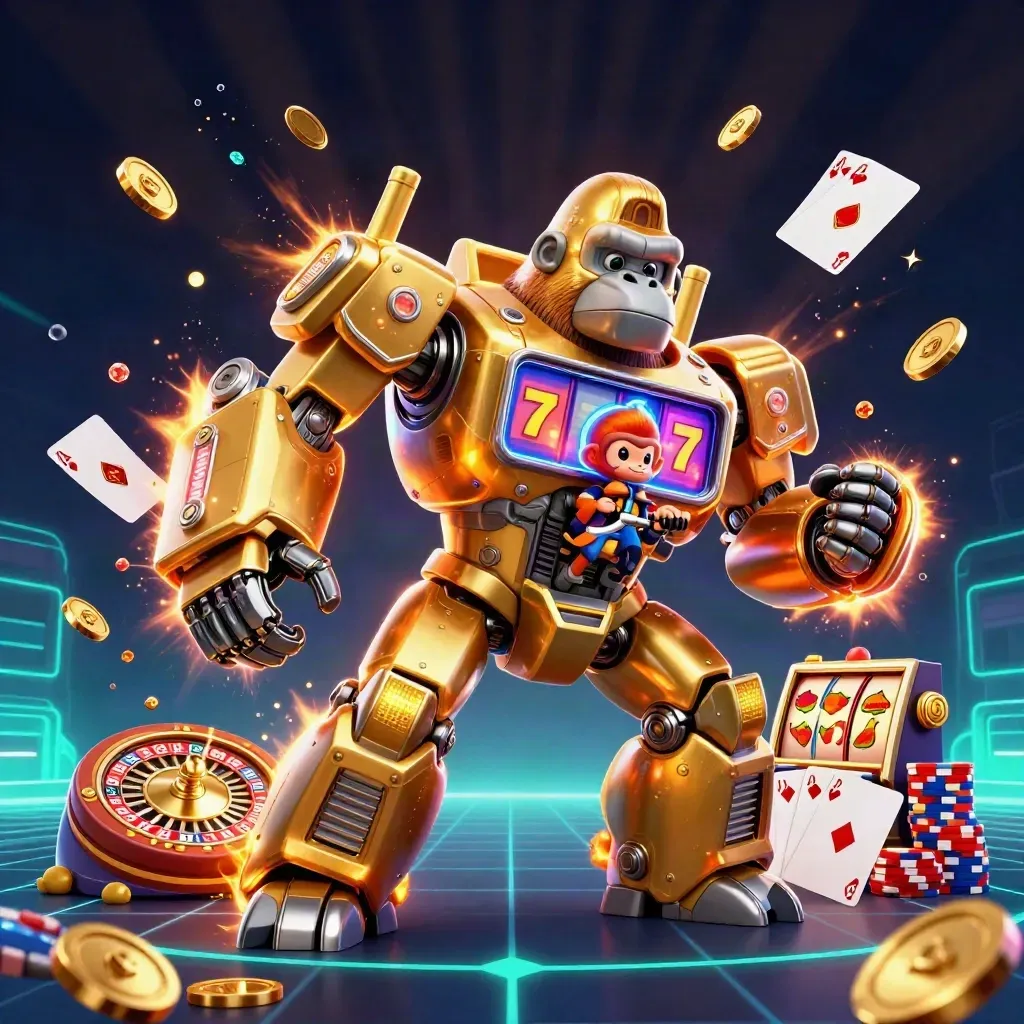 Golden gorilla mech with tiny monkey pilot, coins, gems, roulette wheel, chips, and neon casino glow.