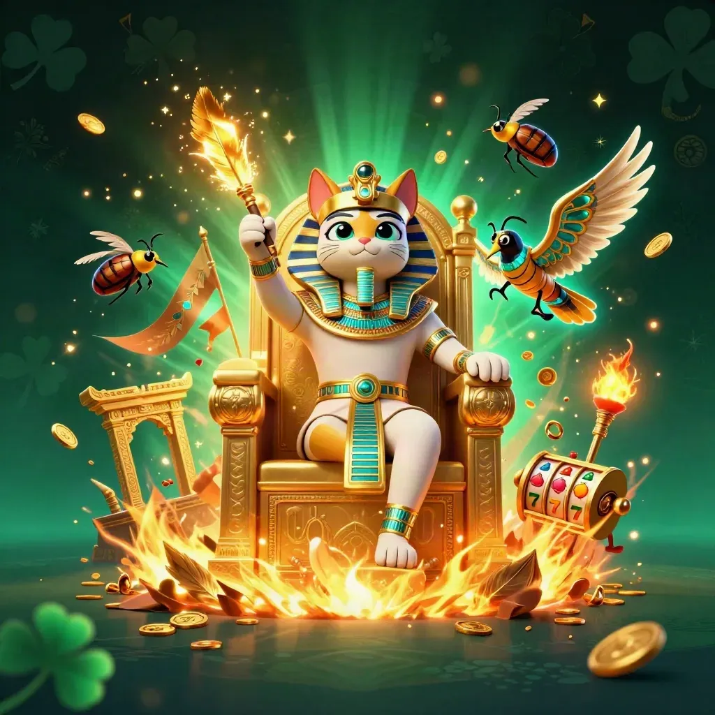Pharaoh cat, ibis scribe and gem-winged scarabs amid gold, cyan glow and treasure bursts