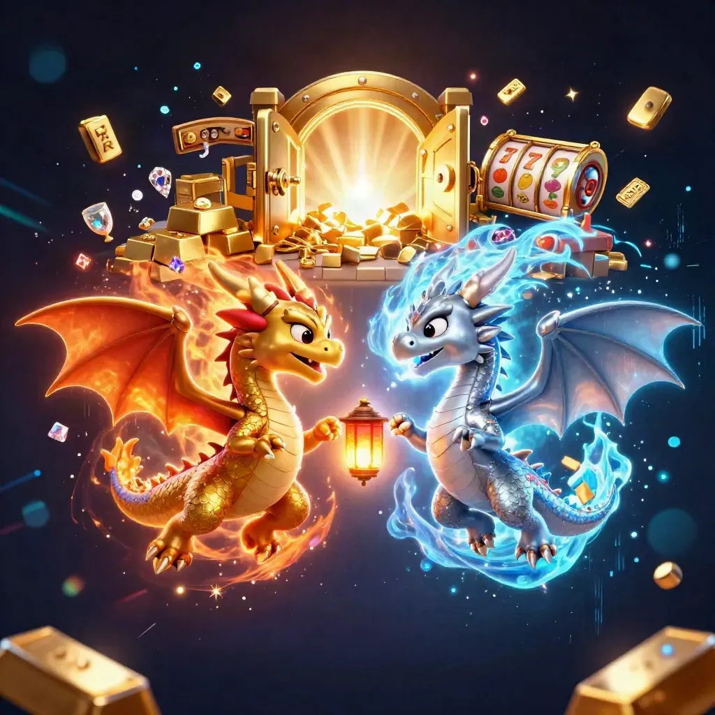 Twin gold and silver dragons burst with treasure, gems, cyan lightning, and a lantern spirit.