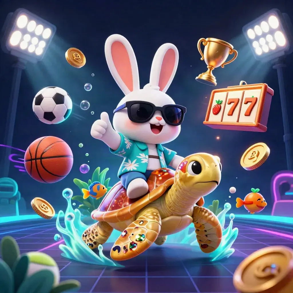 Lucky rabbit rides a gem turtle amid sports balls, coins, and neon casino glow