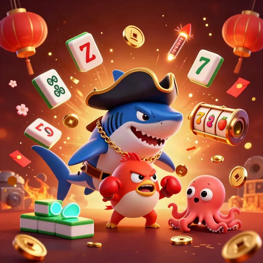 Pirate shark, boxing pufferfish, and juggling octopus burst amid coins, lanterns, and fireworks.