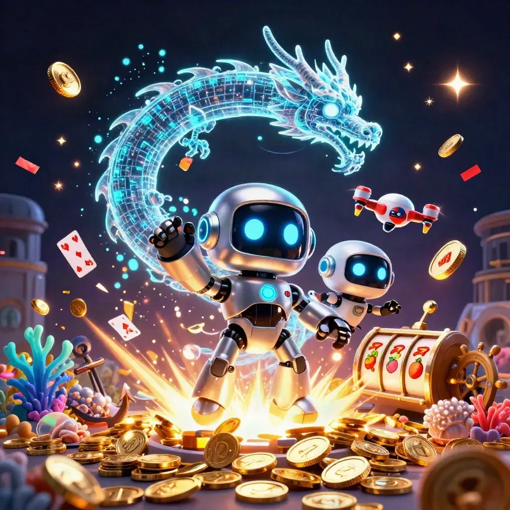 Robot mascot, AI dragon and coin drone amid gold coins, coral treasure and fireworks.
