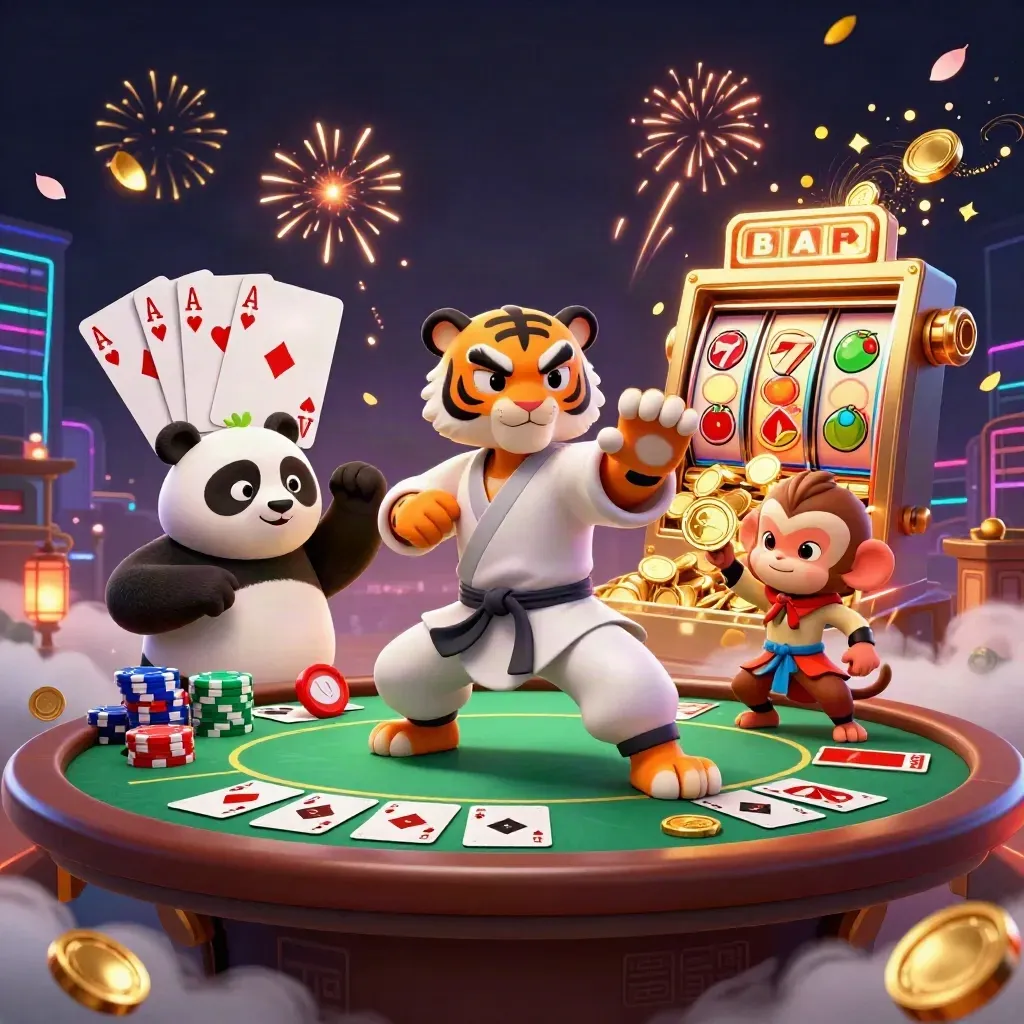 Kung-fu tiger, panda, and monkey amid poker chips, slot reels, coins, and fireworks in neon casino glow.