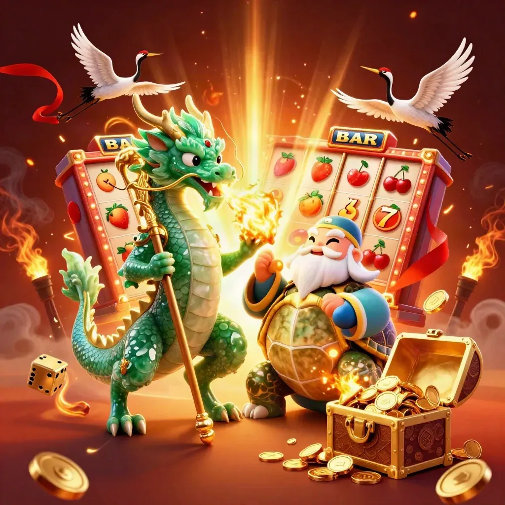 Emerald dragon, turtle sage, cranes, slot burst, gold coins and fire on a dark casino glow.