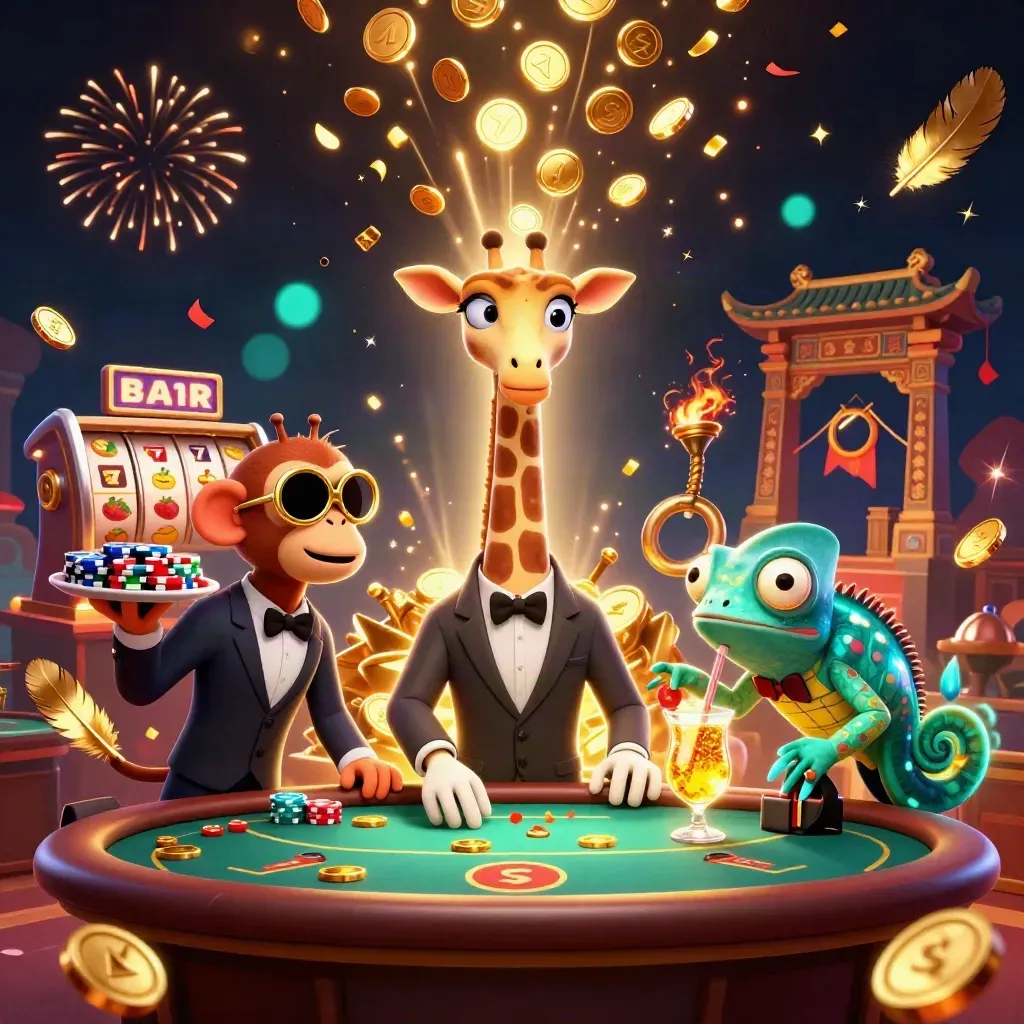 Giraffe high roller, monkey valet, and chameleon bartender amid coins, fireworks, and casino magic.