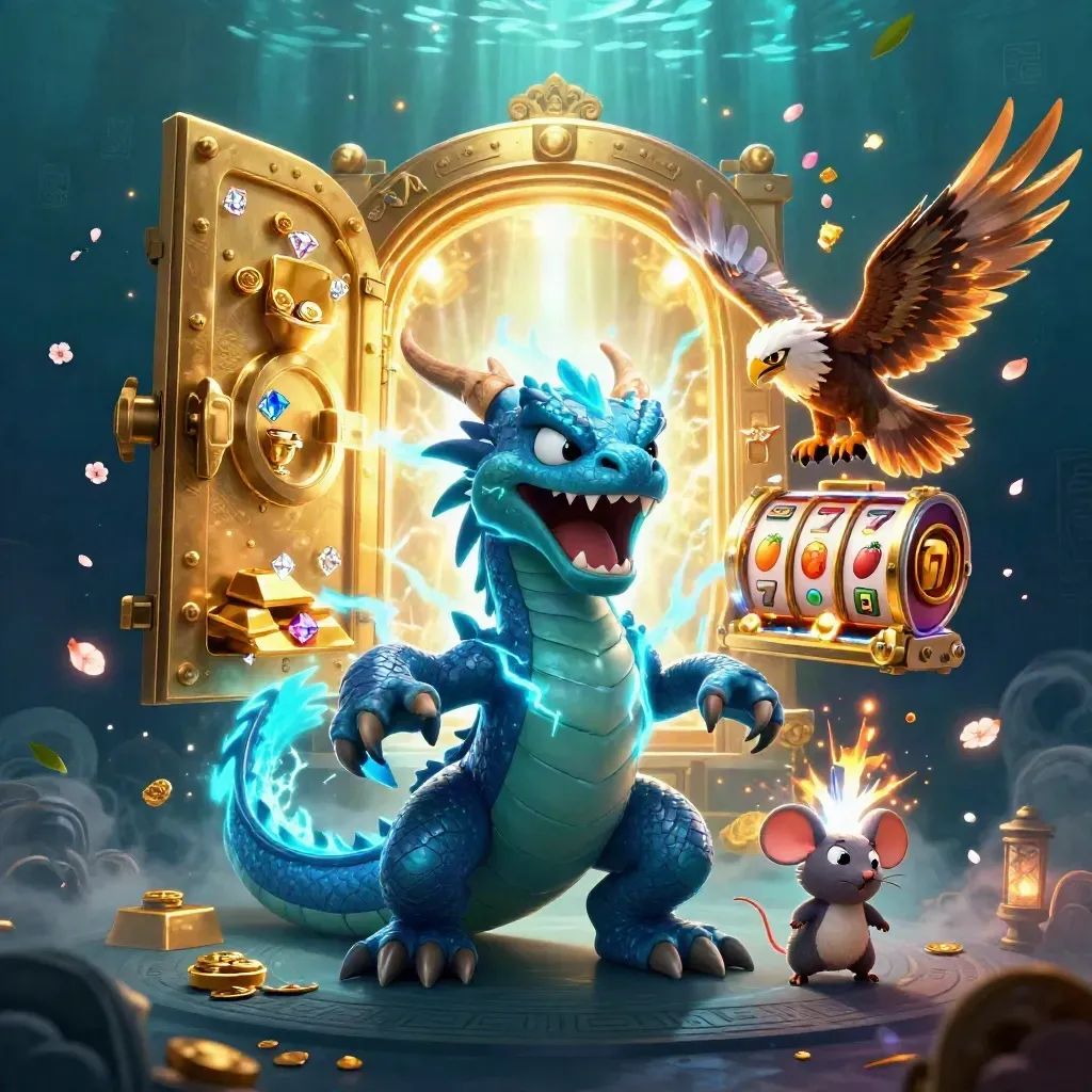 Thunder dragon, wind hawk and static mouse amid casino loot and glowing vault light
