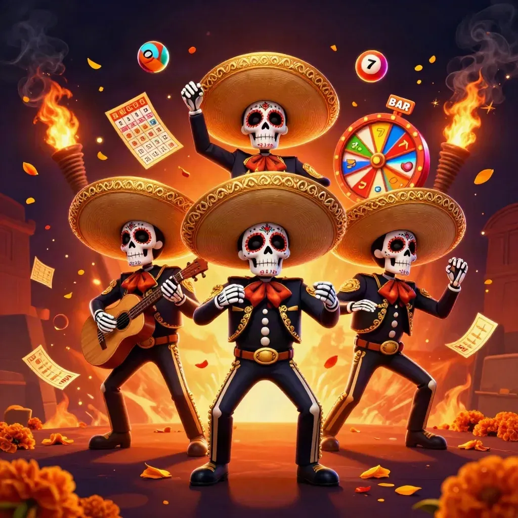 Three skeleton mariachi mascots amid casino symbols, firelight, and glowing autumn petals.