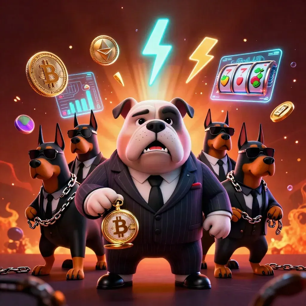 Bulldog boss and two Dobermans amid casino coins, reels, lightning, and ember glow