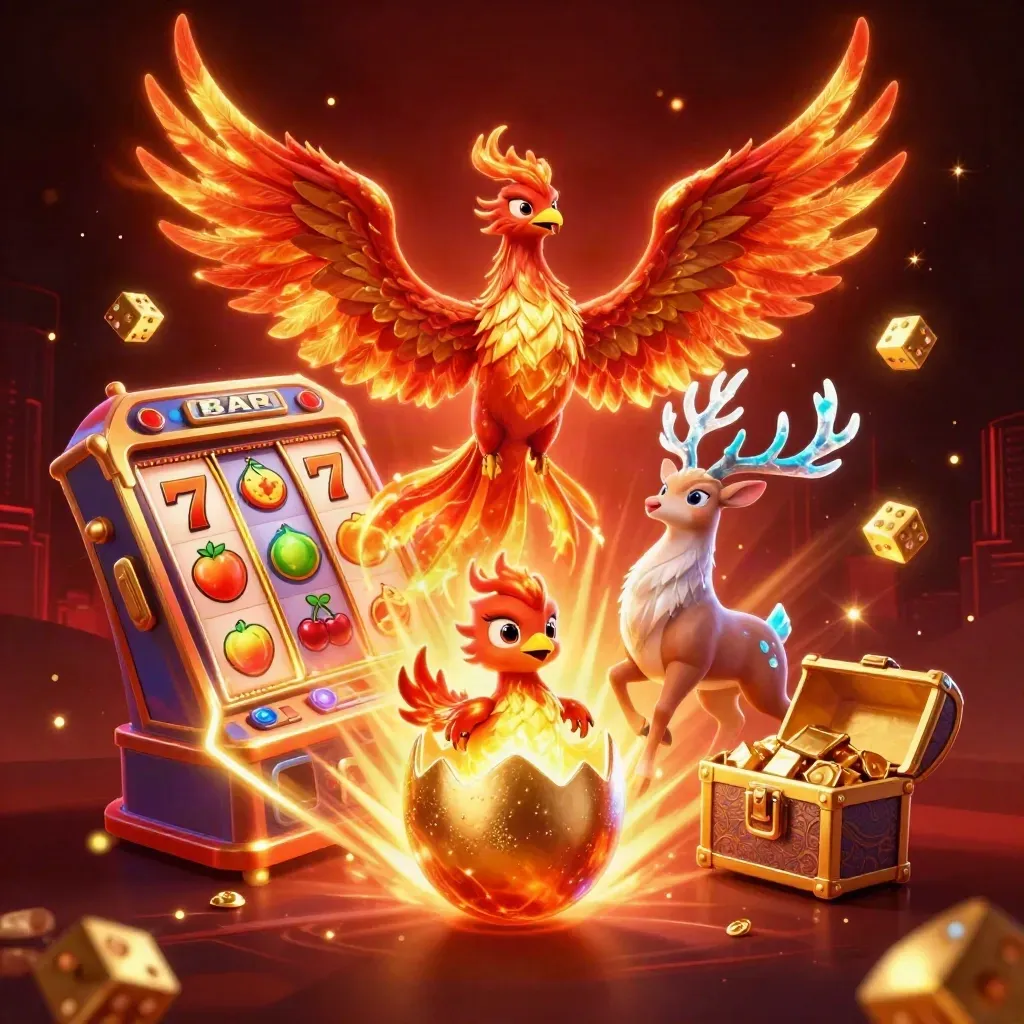 Phoenix, baby phoenix, and crystal stag amid slot reels, gold, and jackpot glow