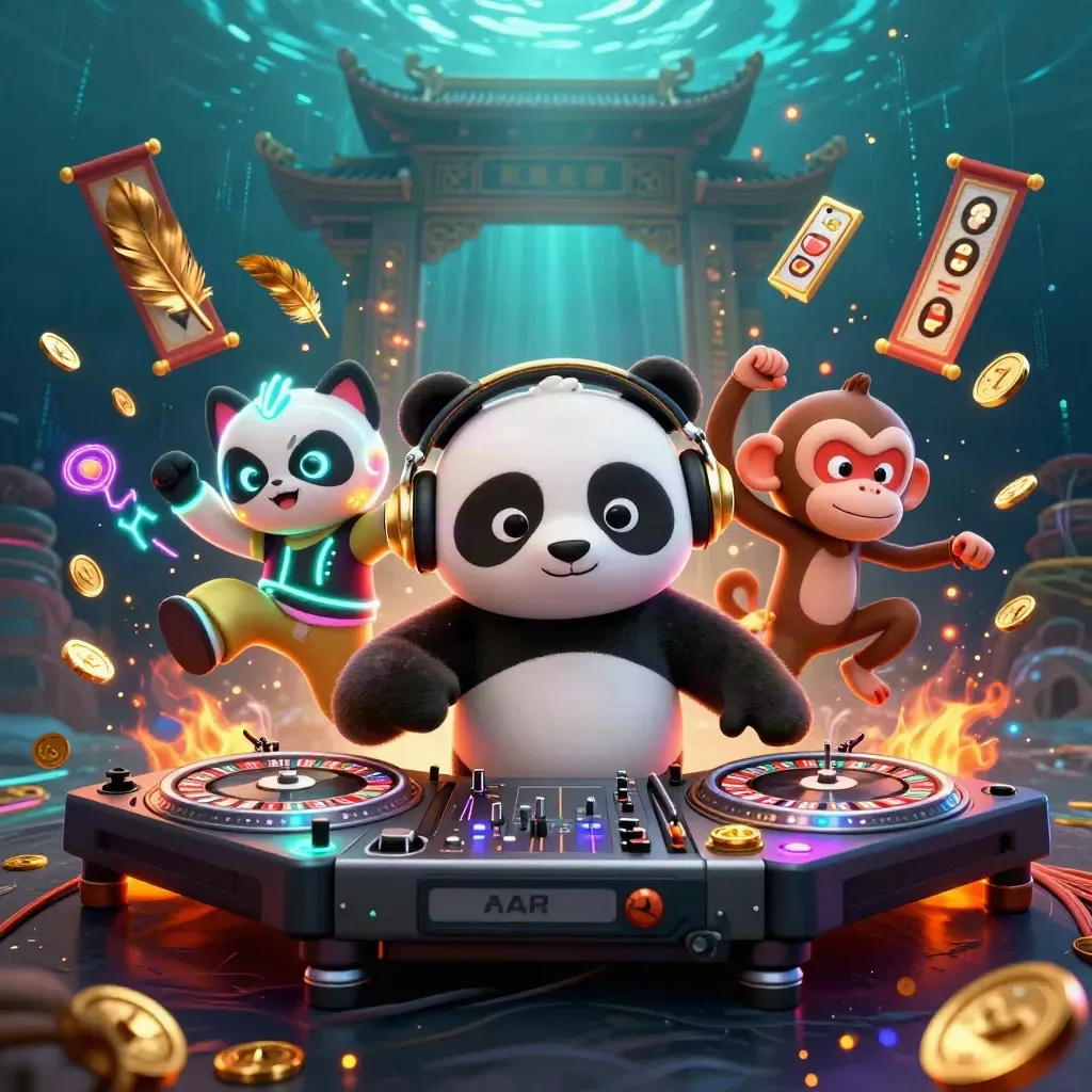 DJ panda, monkey, and glow-stick kitten in a neon casino scene with coins, reels, and gold sparks