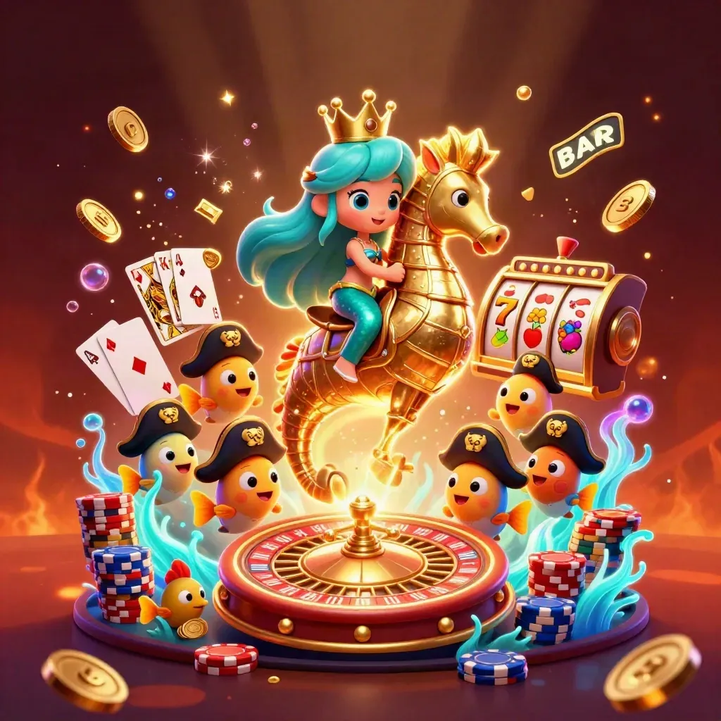 Mermaid princess on armored seahorse amid coins, chips, cards and neon casino glow.
