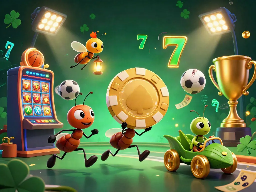 Experience the thrill of gambling with 789F COM as cartoon ants embark on a heist with a golden poker chip, vibrant casino elements surrounding them.