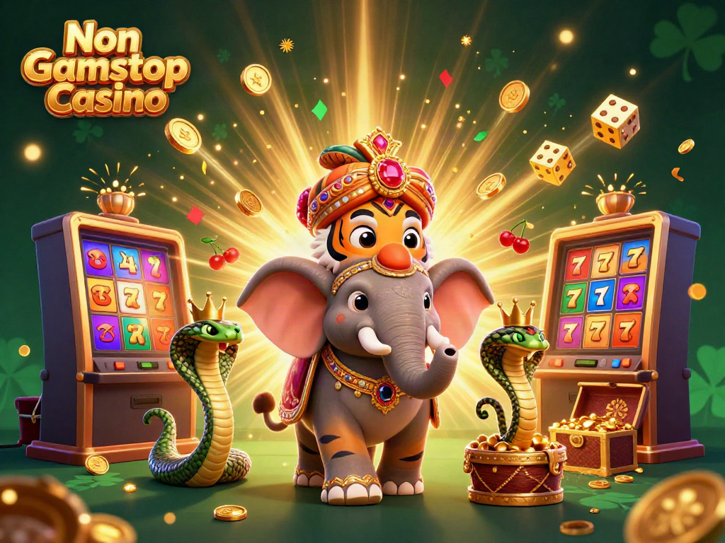 Experience thrilling action at Non Gamstop Casino with a vibrant 3D illustration of a maharaja riding an elephant amidst casino games.