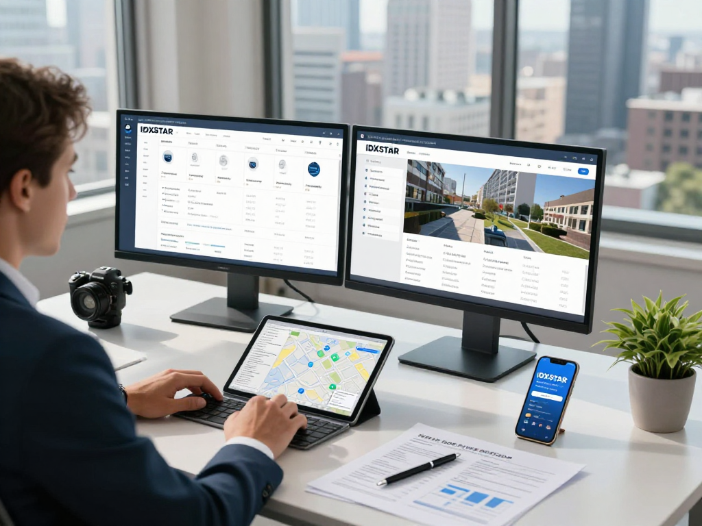 Modern real estate workspace showcasing IDXSTAR property listings and analytics on multiple screens