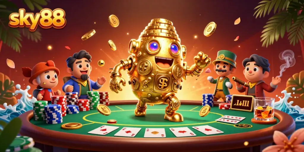 Engage with sky88's vibrant gaming atmosphere featuring a golden golem and poker setup.