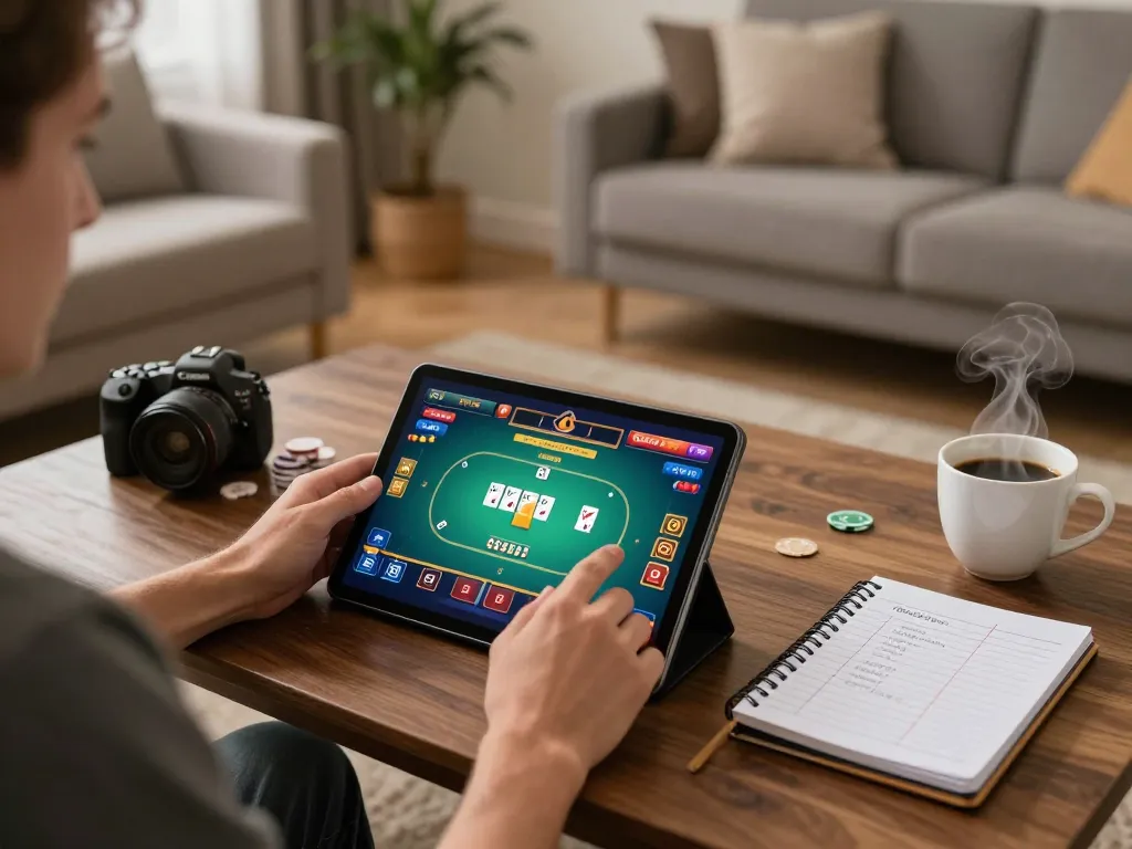 Player enjoying an online poker game through the ww88 tablet, showcasing a cozy gaming setup at home.