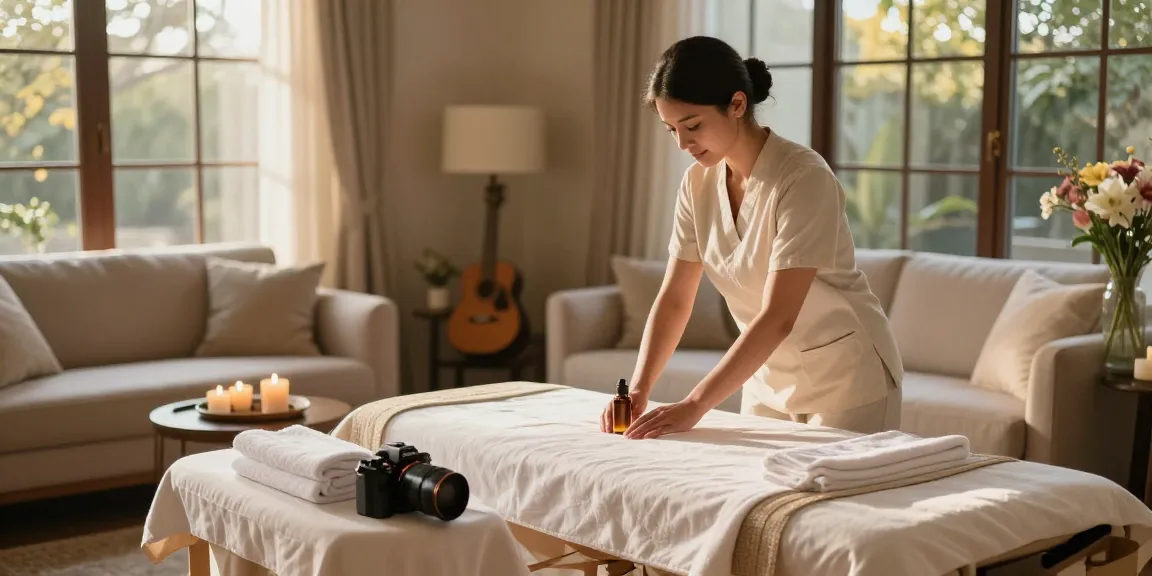 마포출장마사지 in a tranquil home setting with a massage therapist preparing oils and candles.