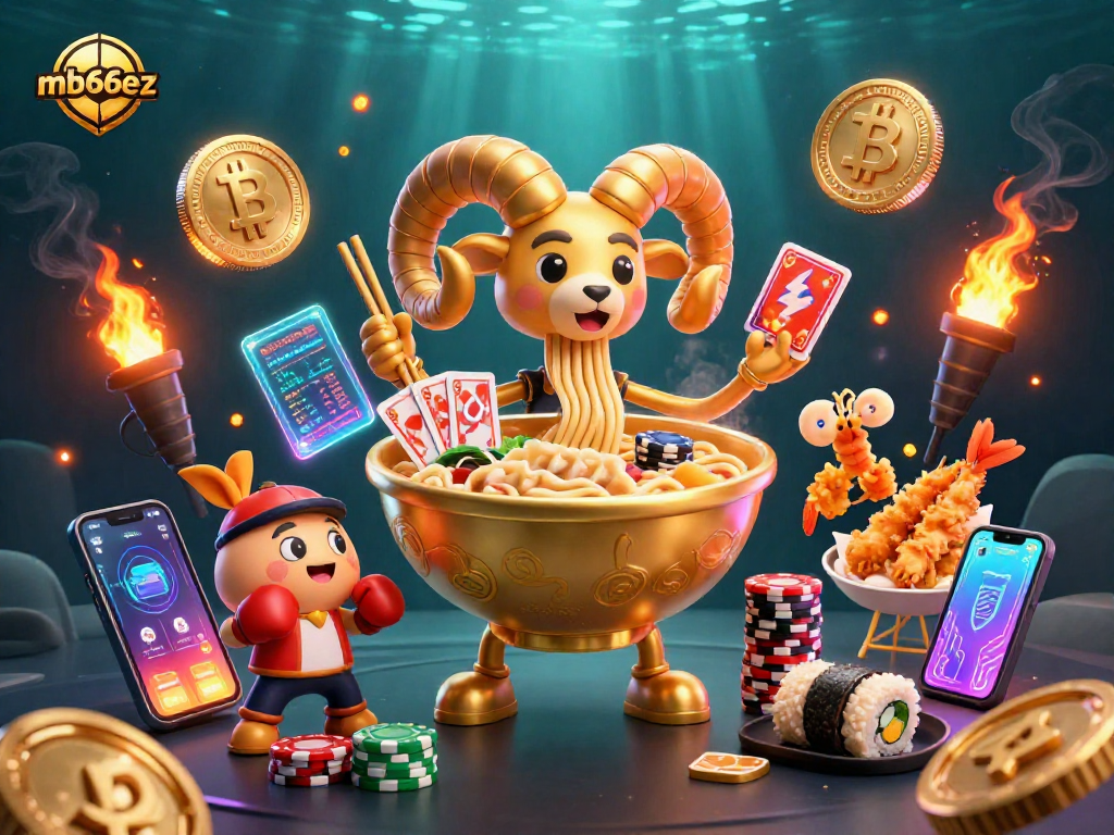 Experience exciting gameplay with mb66ez as a giant ramen bowl and friends deal cards and crypto coins.