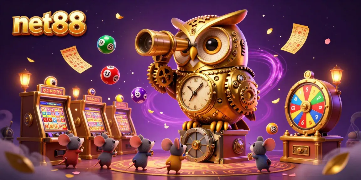Feel the thrill of net88's vibrant casino world with a 3D clockwork owl and lively game elements.