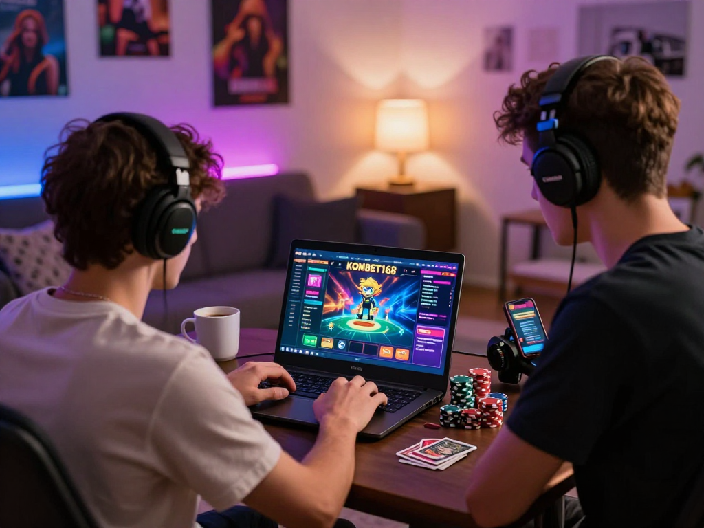 Exciting online gambling atmosphere featuring KOMBET168 gaming setup with engaging graphics and vibrant lights.