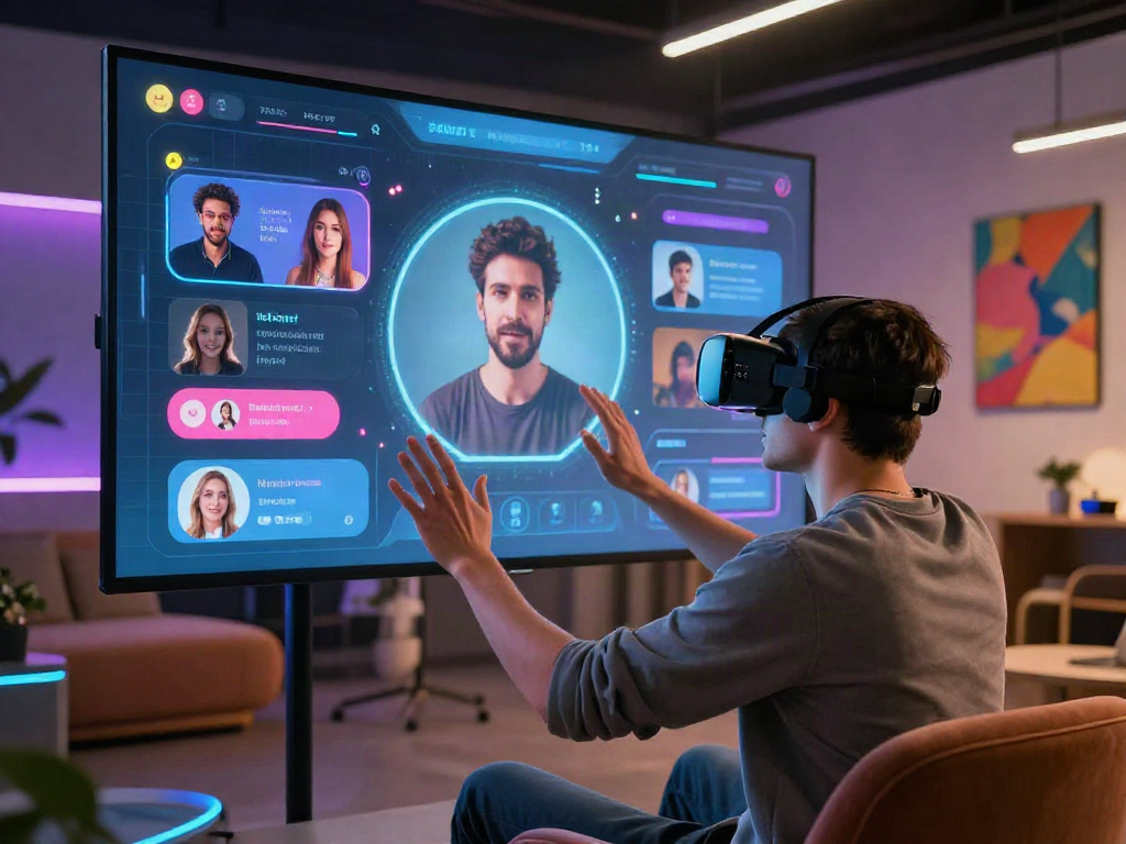 User enjoying a VR experience with AI chat porn avatars in a modern lounge.
