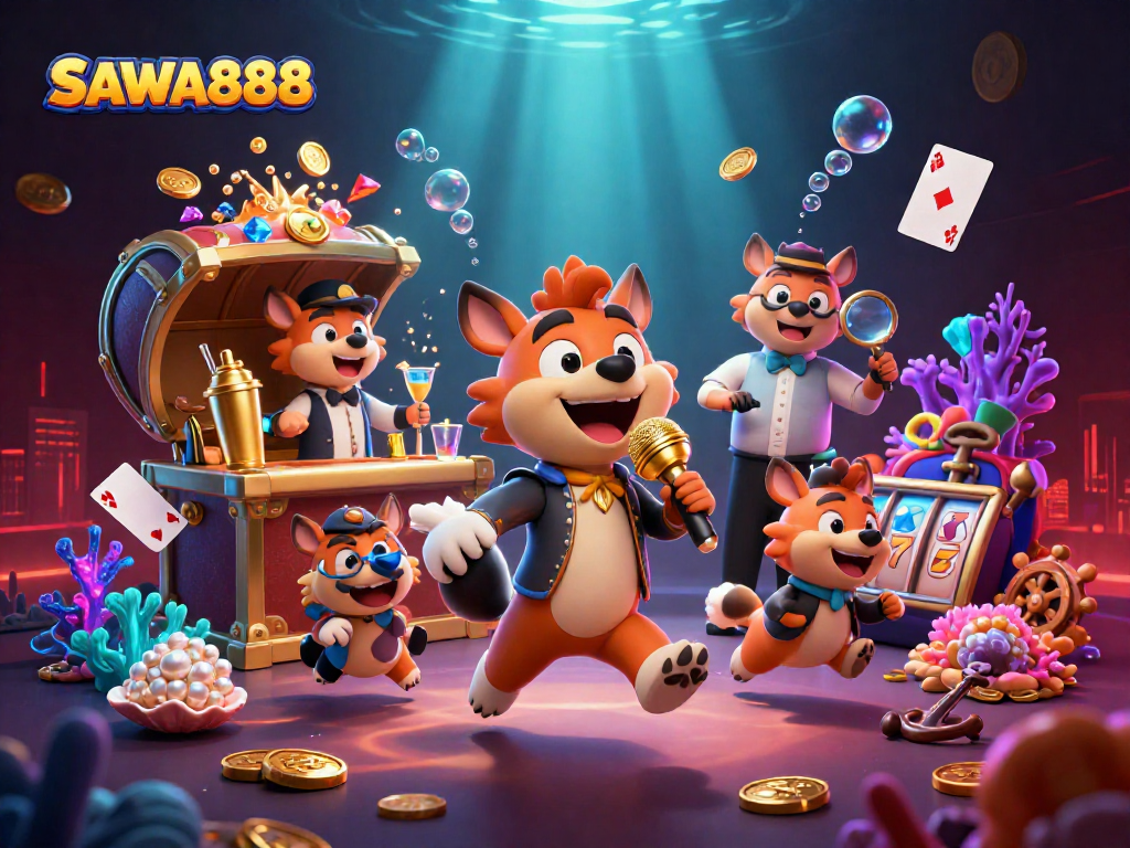 Join the fun at SAWA888, featuring a lively comedy casino scene with hyenas and colorful slot elements.