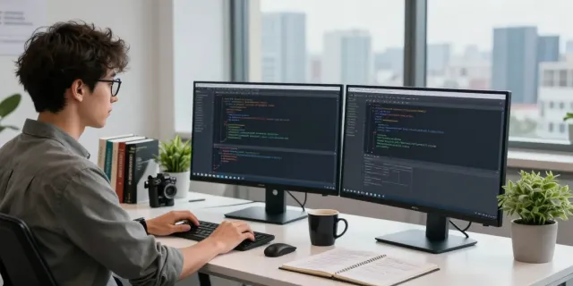 Developer coding with instant indexing tools in a modern office workspace