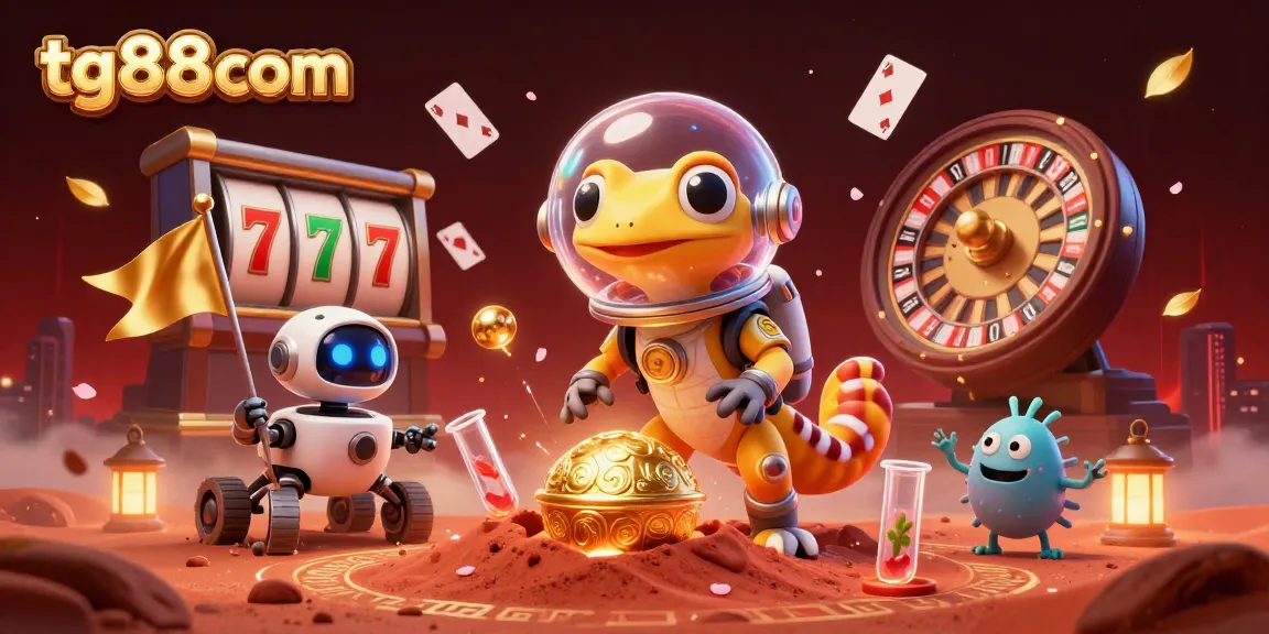 Win big at tg88com while a Martian gecko discovers a hidden golden casino in this vibrant 3D illustration.