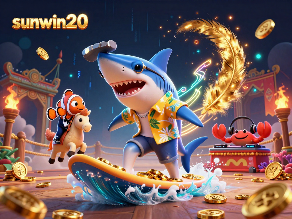 Experience excitement with sunwin20, showcasing a shark surfer amidst gambling-themed elements and vibrant energy.