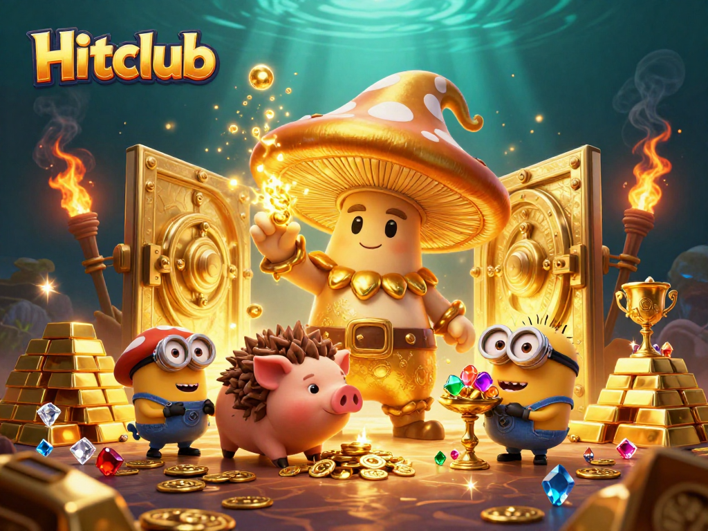 Hitclub's vibrant casino scene showcases a golden mushroom wizard, treasure, and magic.