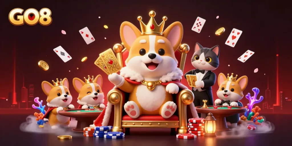 Experience GO8's vibrant casino scene with a royal corgi on a poker chip throne alongside playful companions.