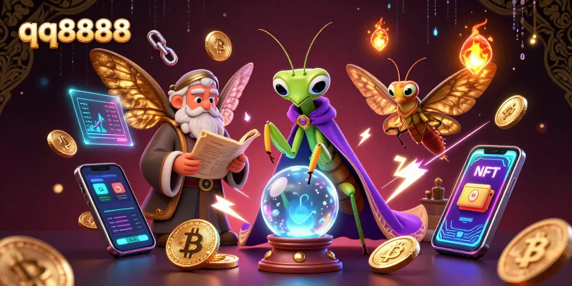 Engage in the thrilling world of qq8888 promotions with vibrant 3D visuals of fortune tellers and crypto elements.