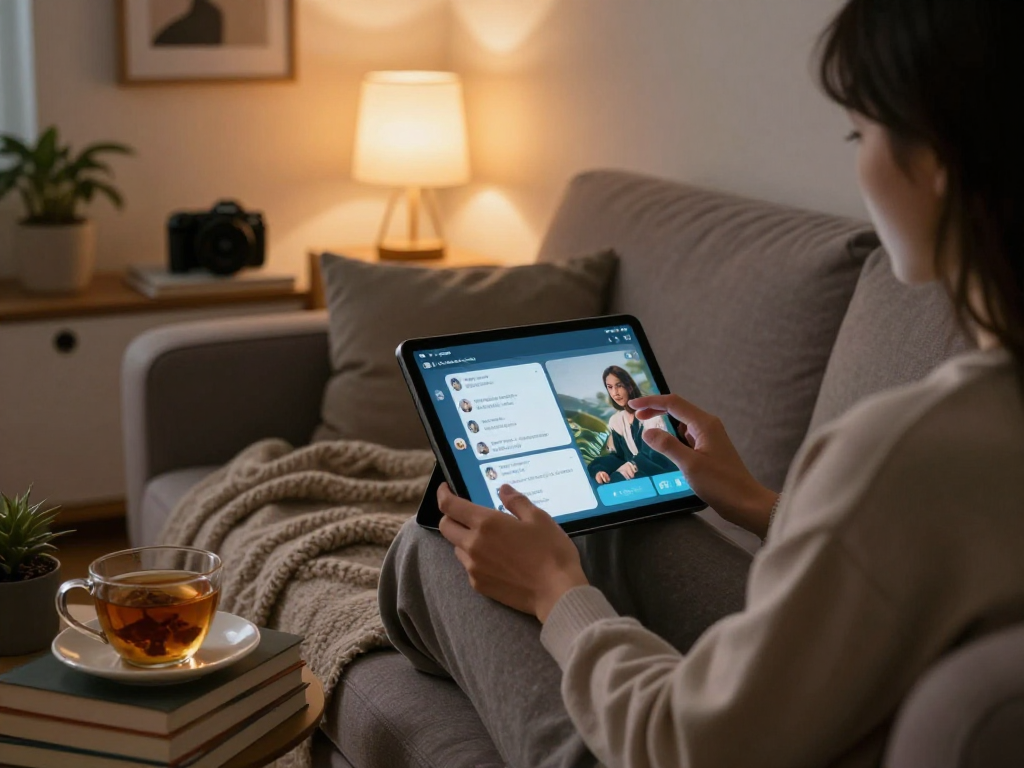 Engaging with AI chat porn on a tablet in a cozy living room.