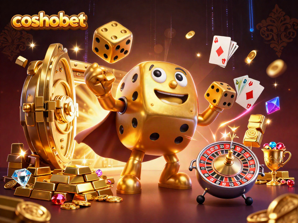 Engage with cosmobet's thrilling casino experience through golden dice and treasure elements.