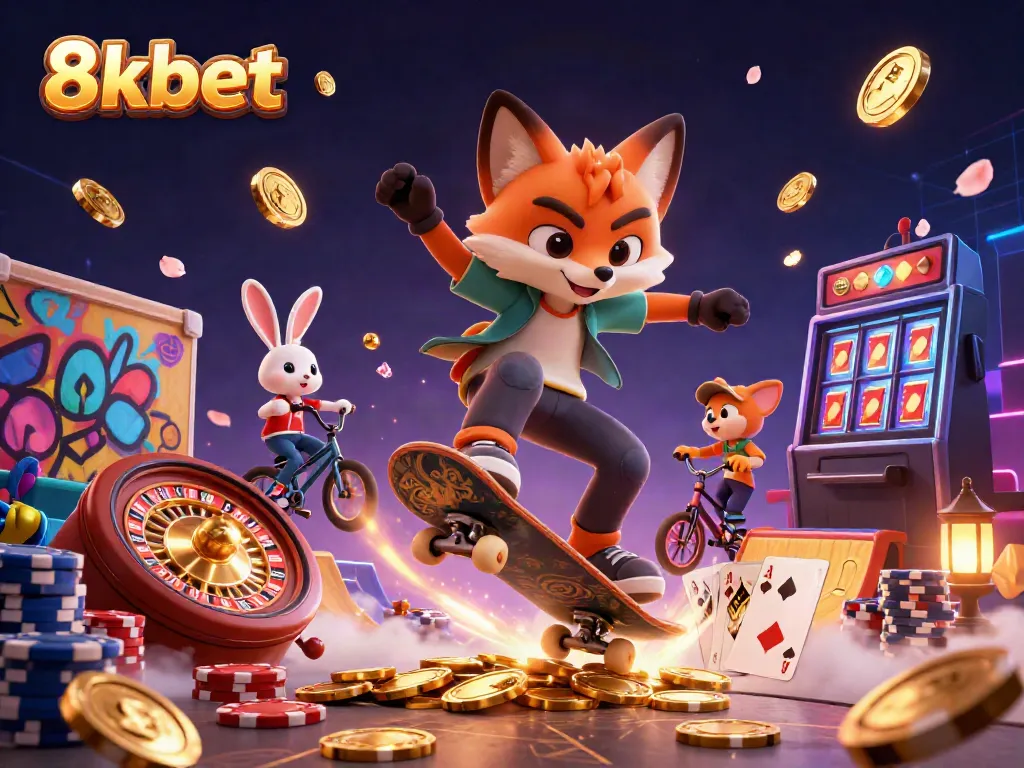 Engage in thrilling casino action with 8xbet's vivid 3D cartoon scene featuring animated characters.