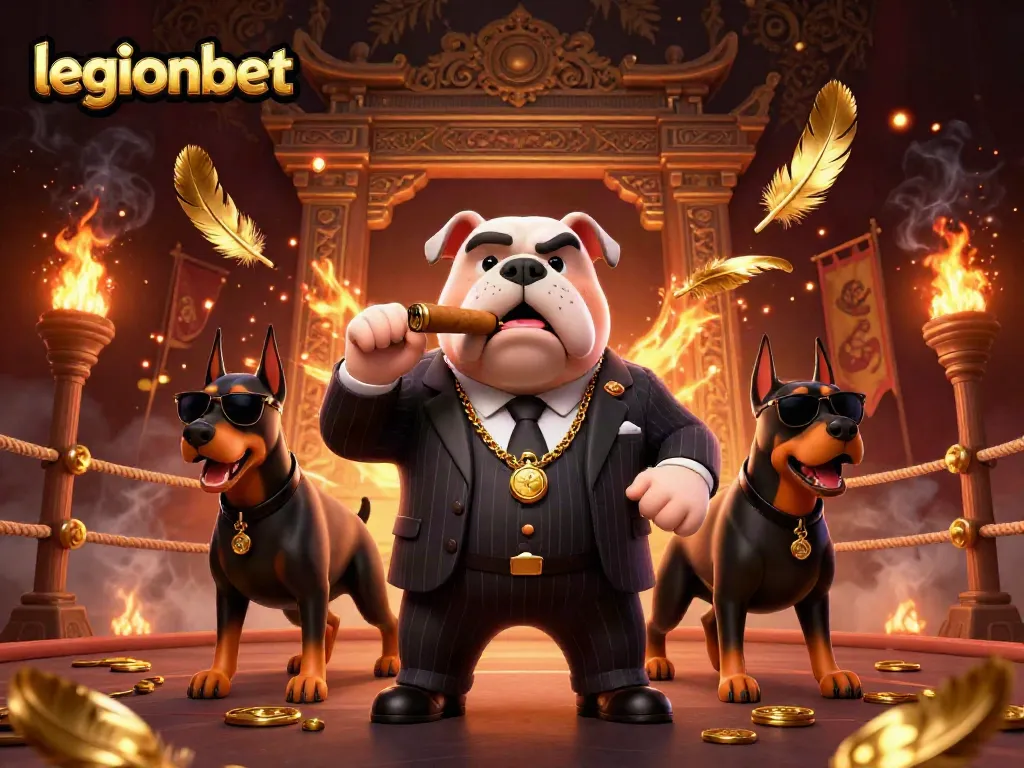 Join the excitement at LegionBet with a dynamic 3D casino scene featuring a cartoon mafia boss and his Doberman bodyguards.