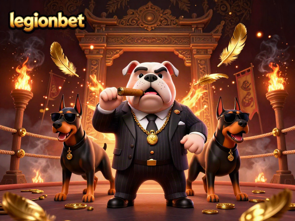 Join the excitement at LegionBet with a dynamic 3D casino scene featuring a cartoon mafia boss and his Doberman bodyguards.