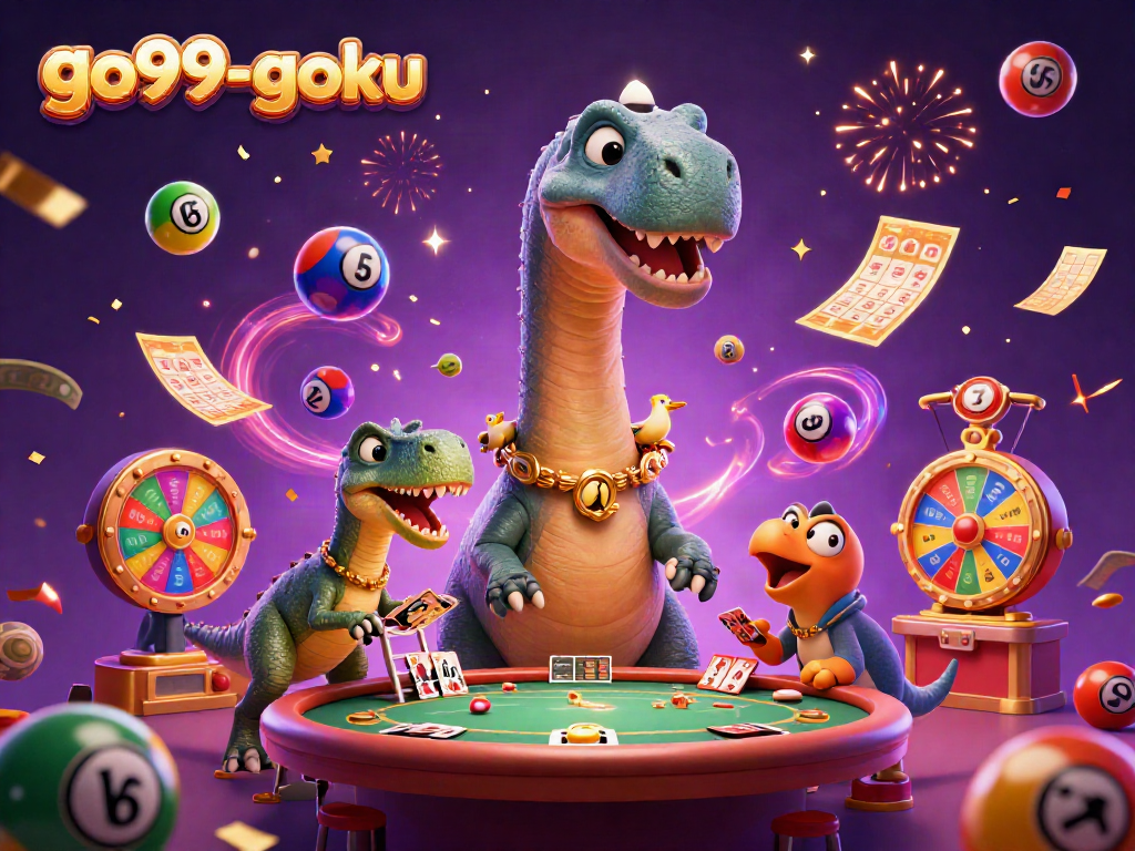 Experience excitement with go99-goku as colorful lottery balls surround playful casino characters.