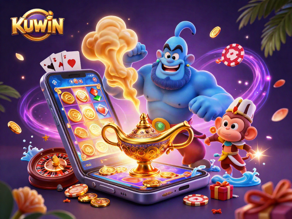 Experience gaming excitement at KUWIN with a mesmerizing 3D casino scene featuring iconic characters and vibrant gaming elements.