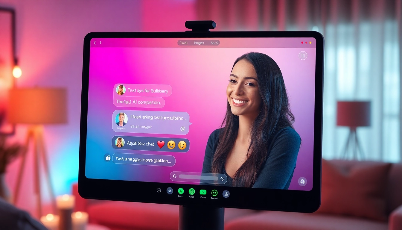 Sex chat AI interface with a friendly virtual companion in a cozy setting.