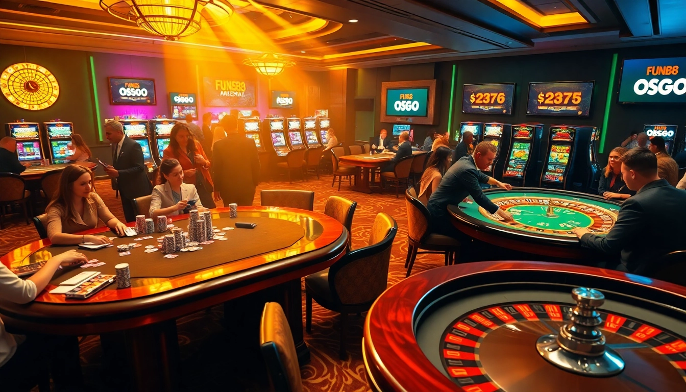 Excited players gather at the Fun88 casino, enjoying poker and roulette games in luxury.