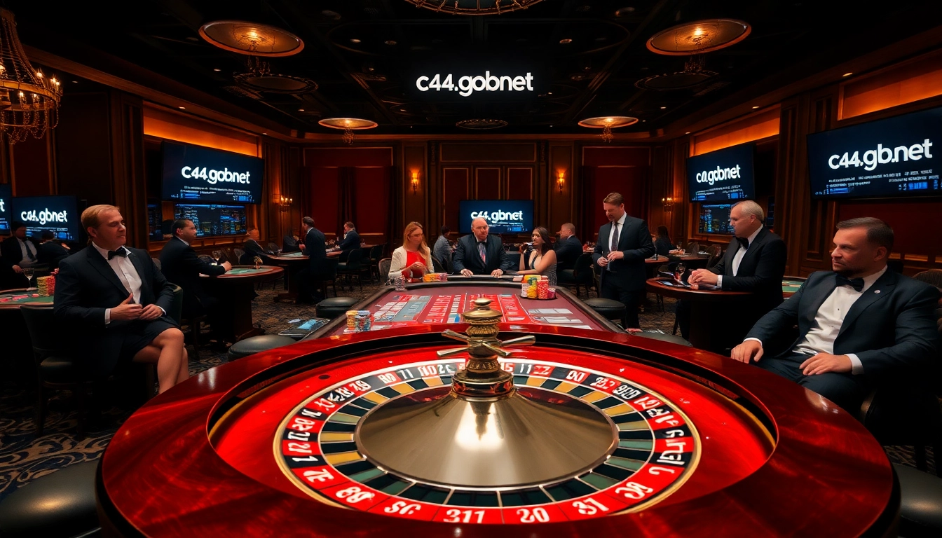 An elegant poker room scene at c54.gb.net with high-stakes tables, roulette wheel, and sophisticated gamblers.