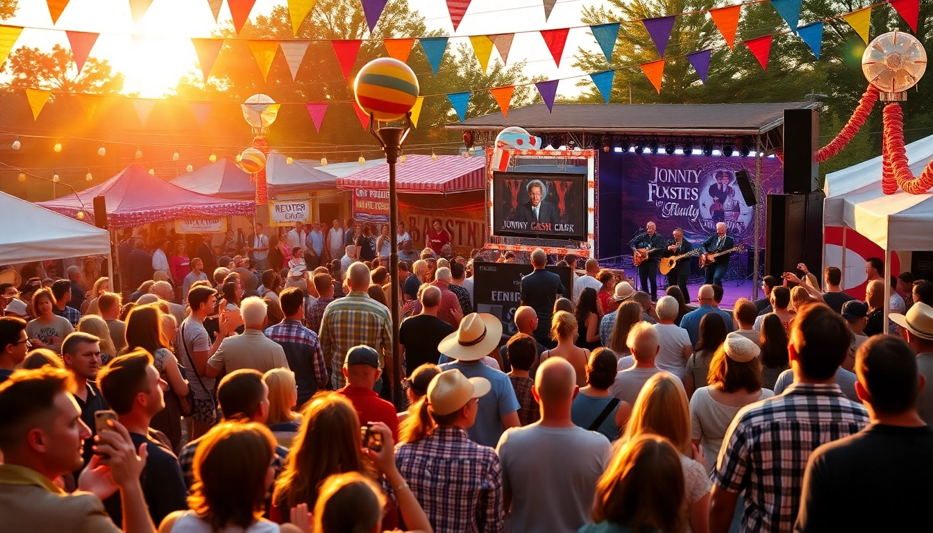 Vibrant scene of the Johnny Cash Birthday celebration at johnnycashbirthday.com with a lively crowd enjoying music.