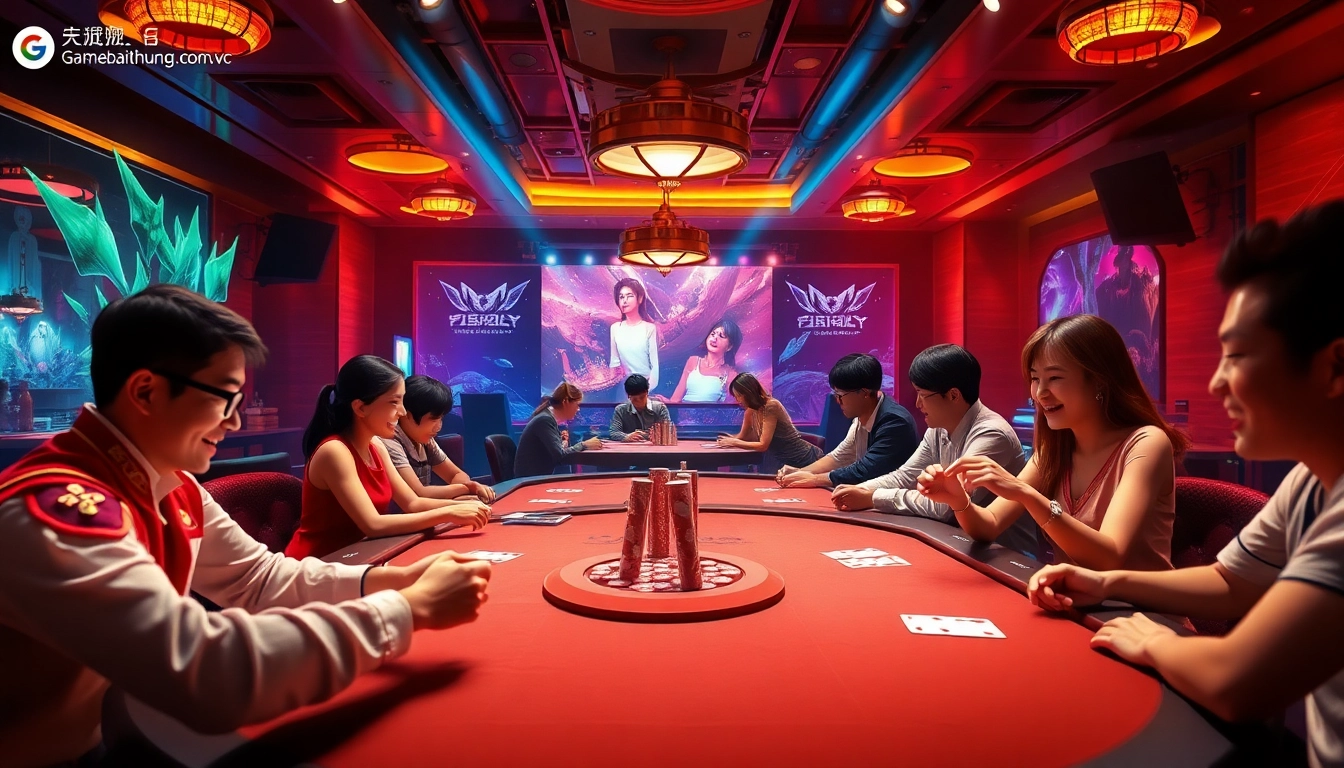 Players engaging in vibrant card games at gamebaidoithuong.com.vc, showcasing excitement and technology.