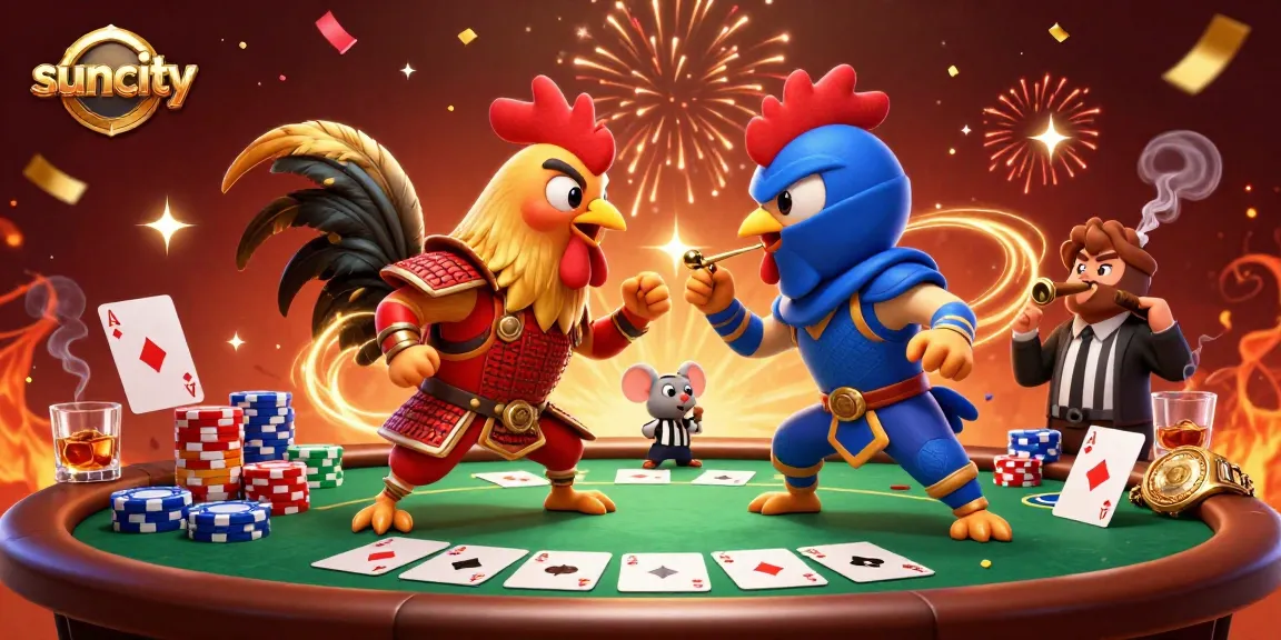 Engage in thrilling battles at suncity with cartoon roosters amidst vibrant casino elements.