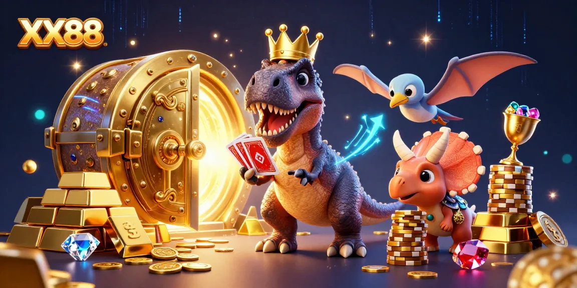 Experience exciting gameplay at XX88 with a T-Rex shuffling cards while treasures abound.